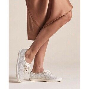 Keds x Kate Spade Champion Cream Glitter Sneakers Satin Laces Size 9 EUC!!